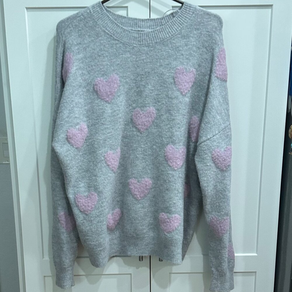 MM by MY Michelle, XL Womens Gray Sweater, with Pink Hearts, Long Sleeve